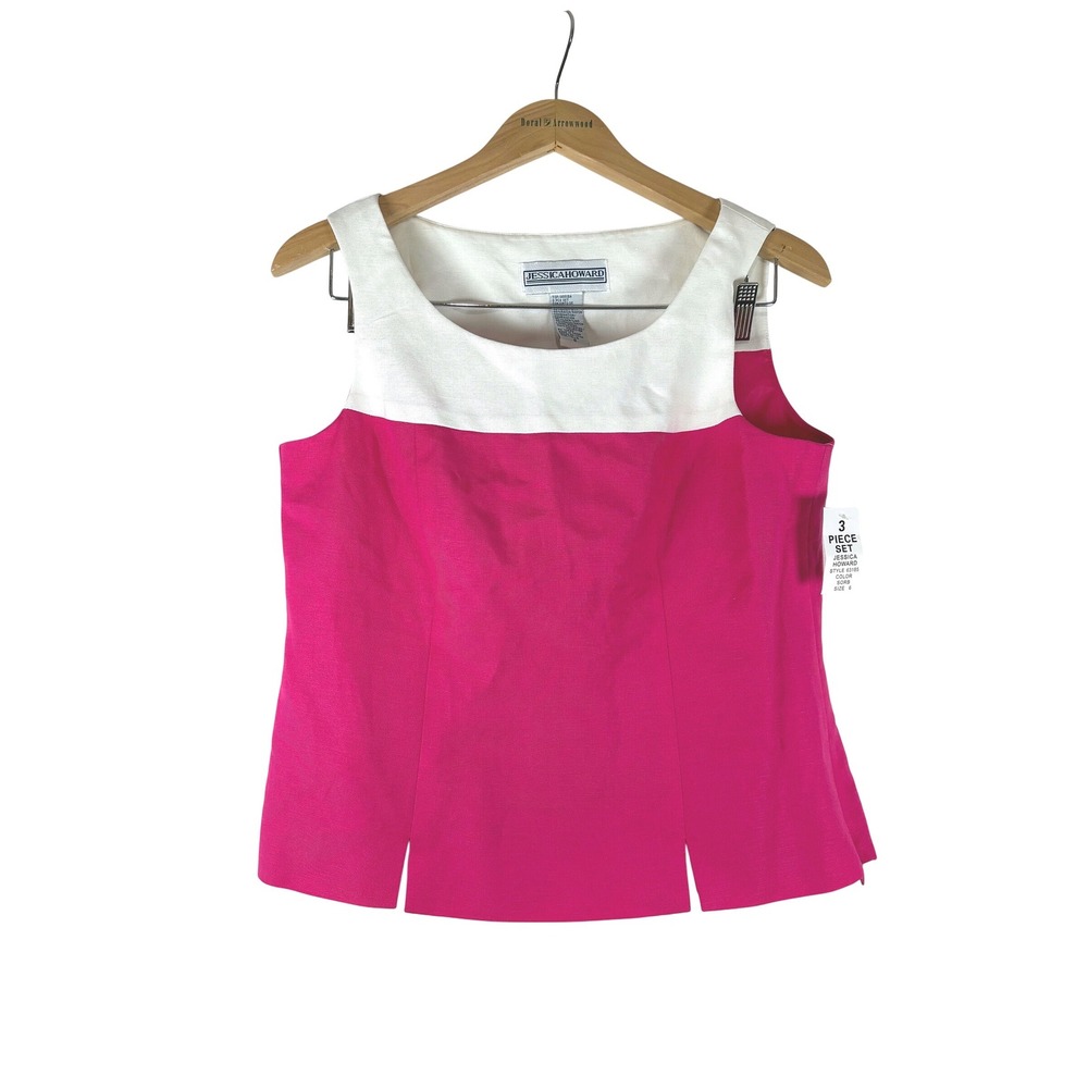 Jessica Howard Pink White Colorblock Linen Blend Sleeveless Blouse Size 6 NWT